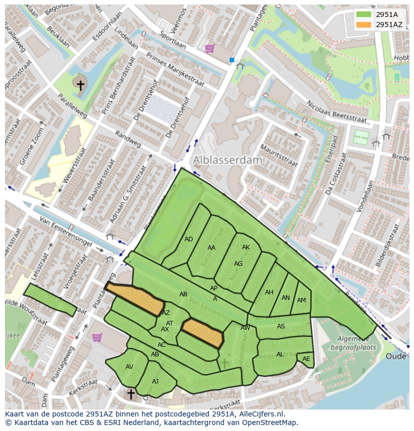 Afbeelding van het postcodegebied 2951 AZ op de kaart.