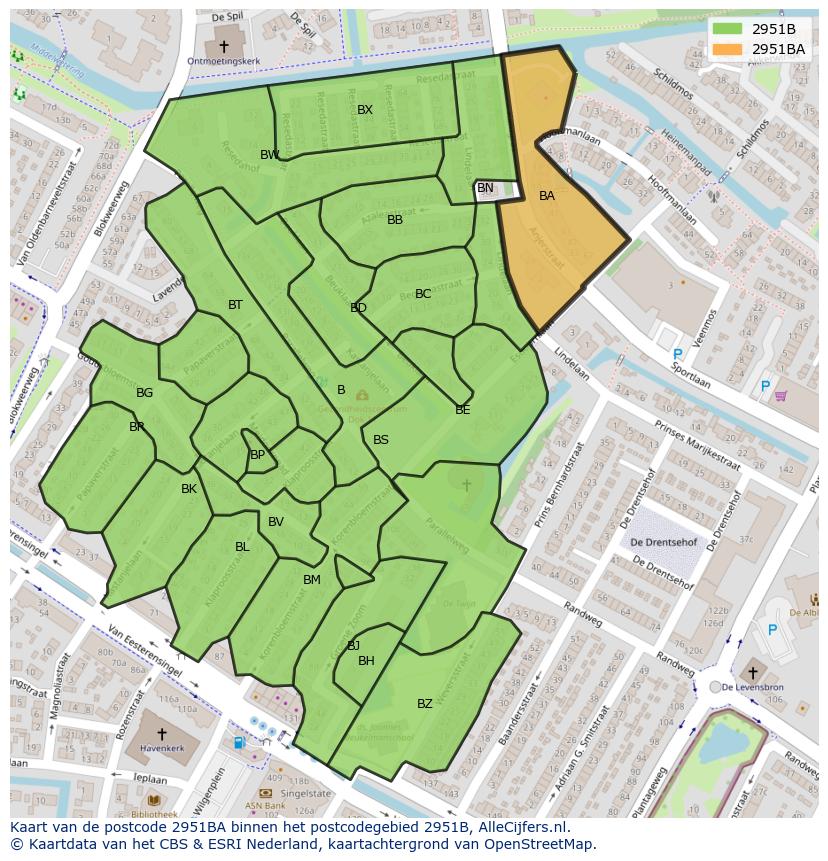 Afbeelding van het postcodegebied 2951 BA op de kaart.