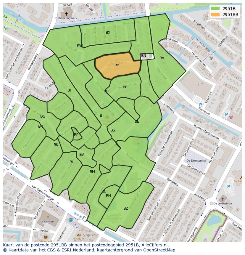 Afbeelding van het postcodegebied 2951 BB op de kaart.