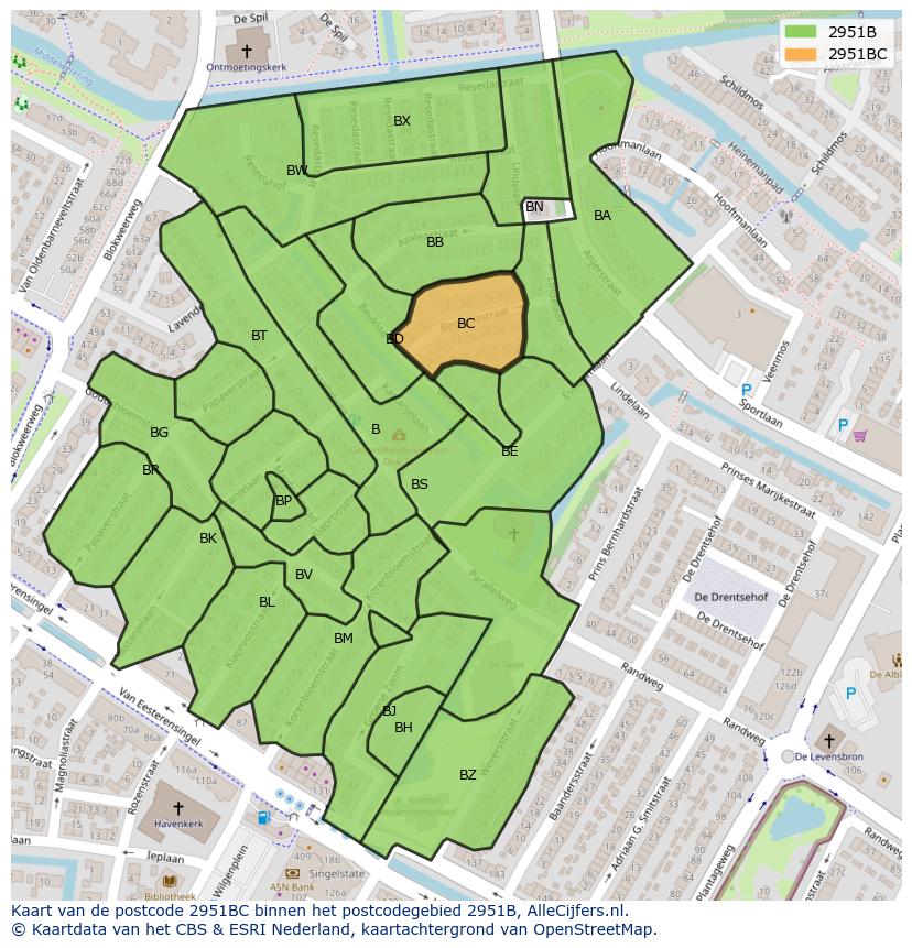 Afbeelding van het postcodegebied 2951 BC op de kaart.