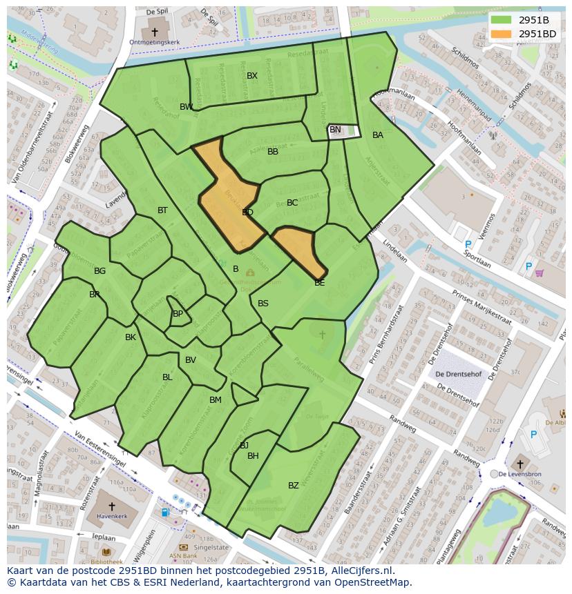 Afbeelding van het postcodegebied 2951 BD op de kaart.