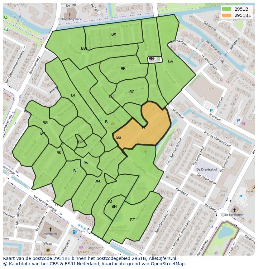 Afbeelding van het postcodegebied 2951 BE op de kaart.