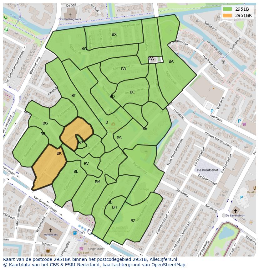 Afbeelding van het postcodegebied 2951 BK op de kaart.