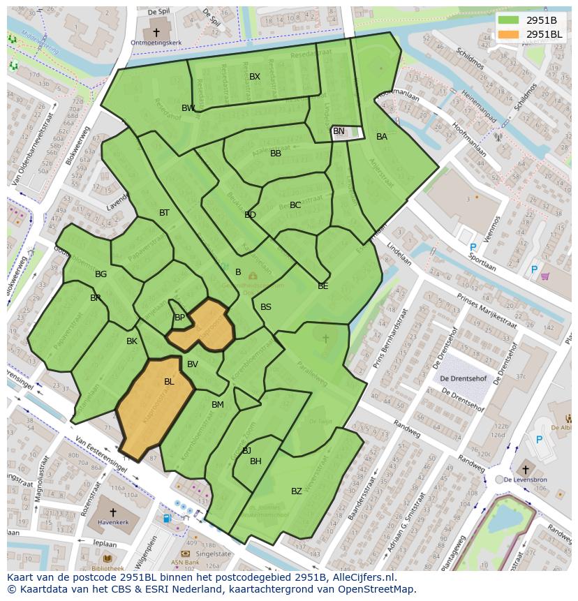 Afbeelding van het postcodegebied 2951 BL op de kaart.