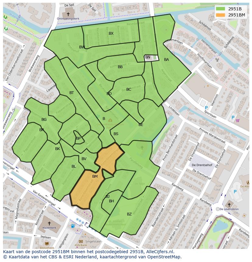 Afbeelding van het postcodegebied 2951 BM op de kaart.