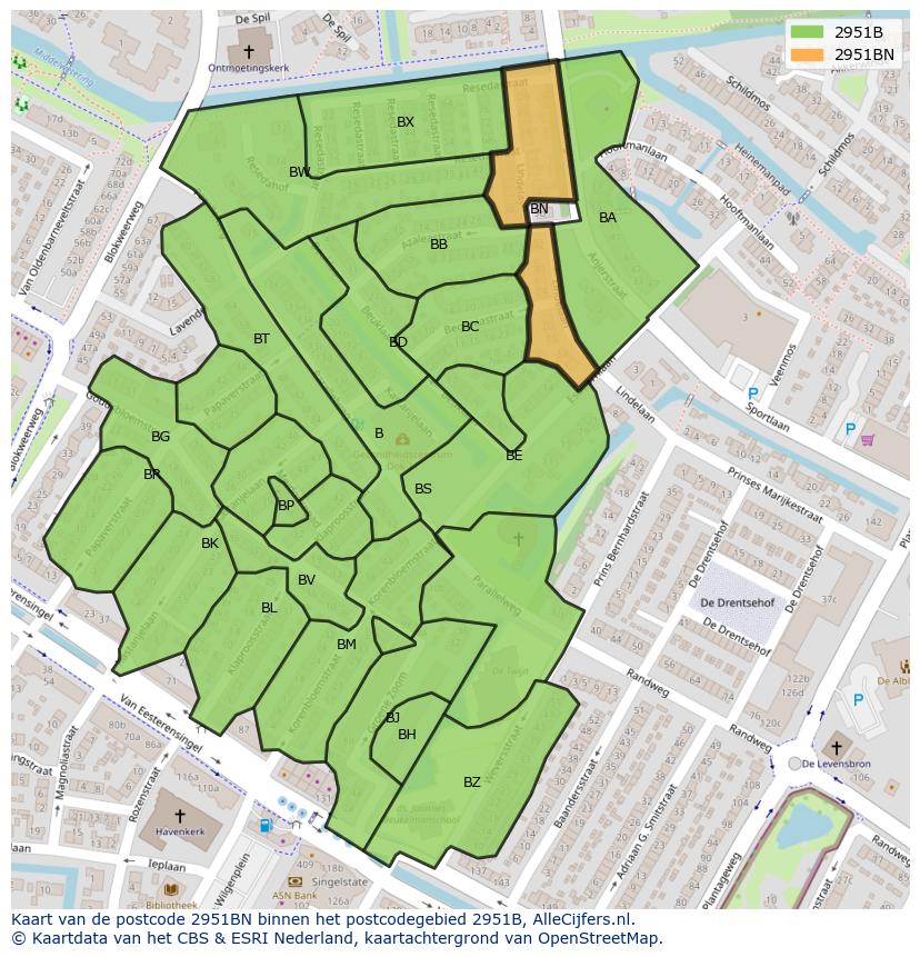 Afbeelding van het postcodegebied 2951 BN op de kaart.