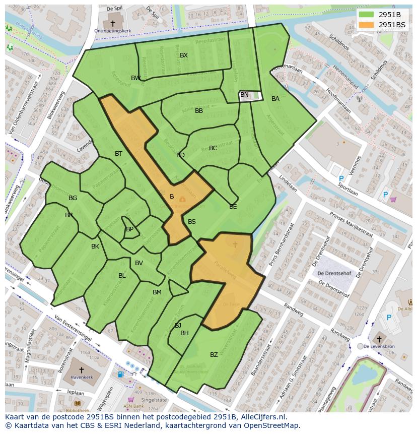 Afbeelding van het postcodegebied 2951 BS op de kaart.