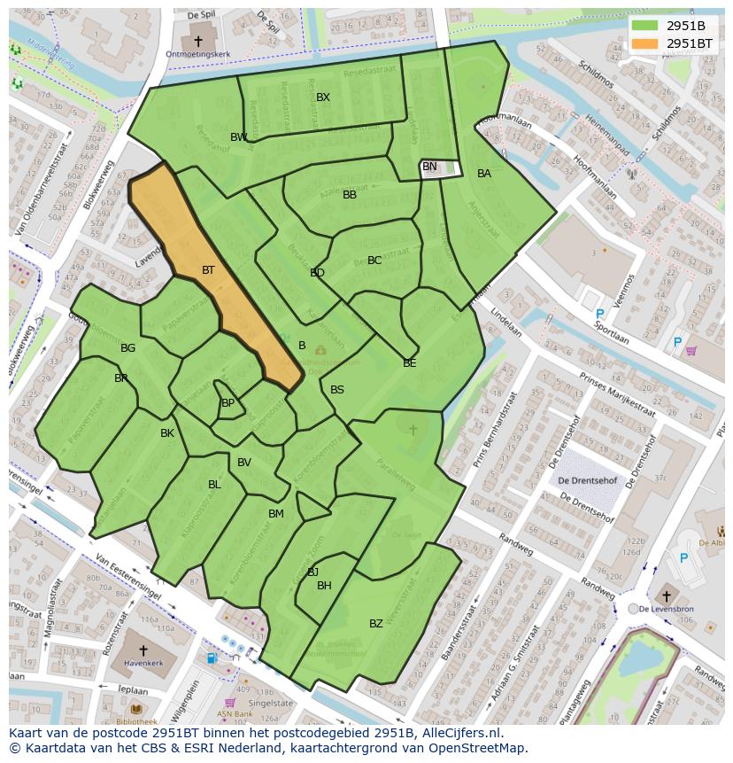 Afbeelding van het postcodegebied 2951 BT op de kaart.