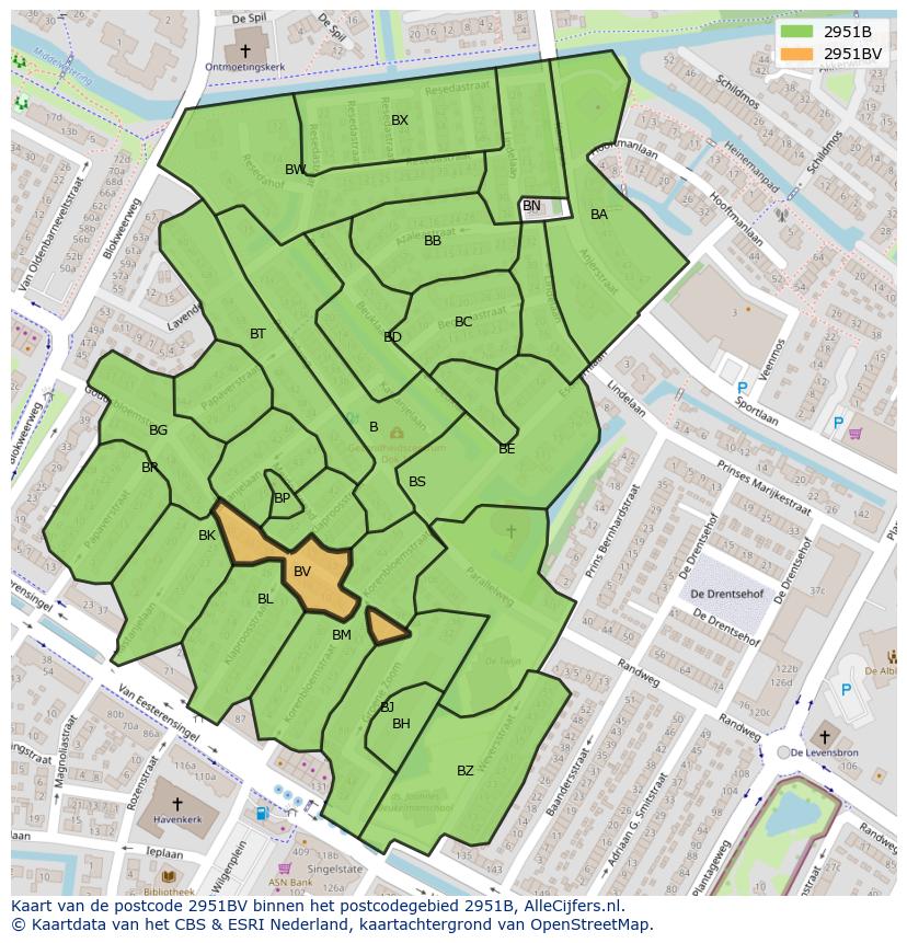 Afbeelding van het postcodegebied 2951 BV op de kaart.