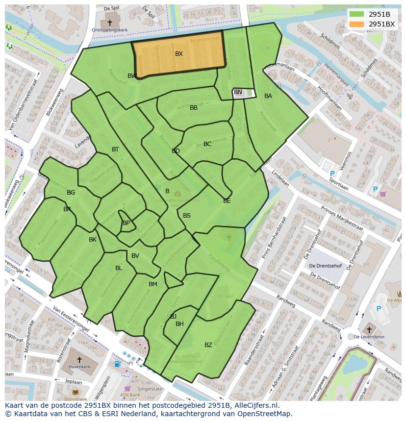 Afbeelding van het postcodegebied 2951 BX op de kaart.