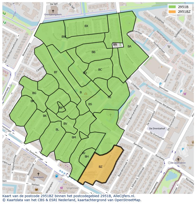 Afbeelding van het postcodegebied 2951 BZ op de kaart.