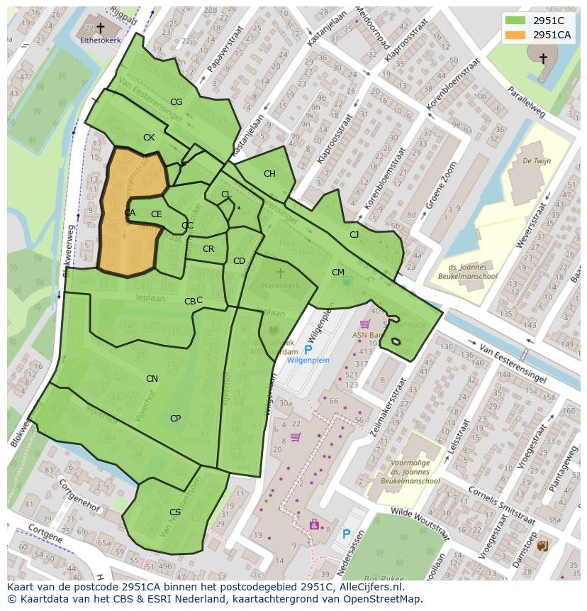 Afbeelding van het postcodegebied 2951 CA op de kaart.