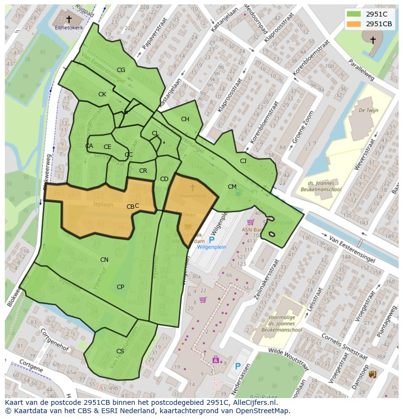 Afbeelding van het postcodegebied 2951 CB op de kaart.