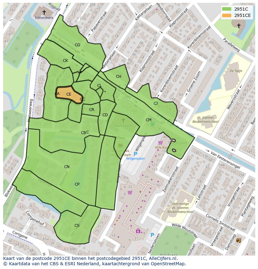 Afbeelding van het postcodegebied 2951 CE op de kaart.