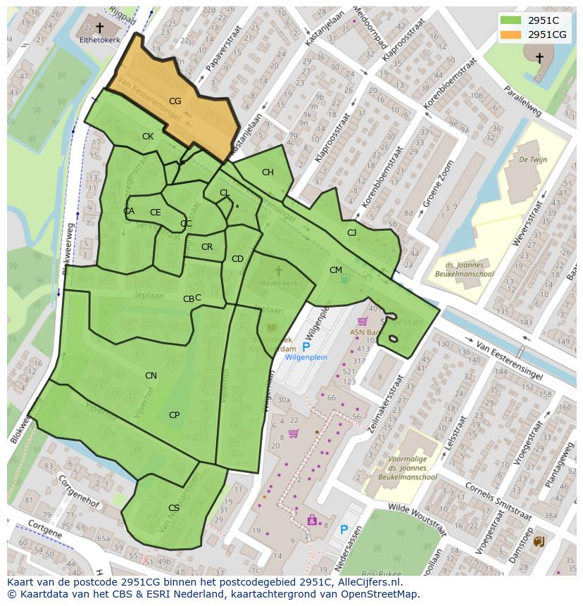Afbeelding van het postcodegebied 2951 CG op de kaart.