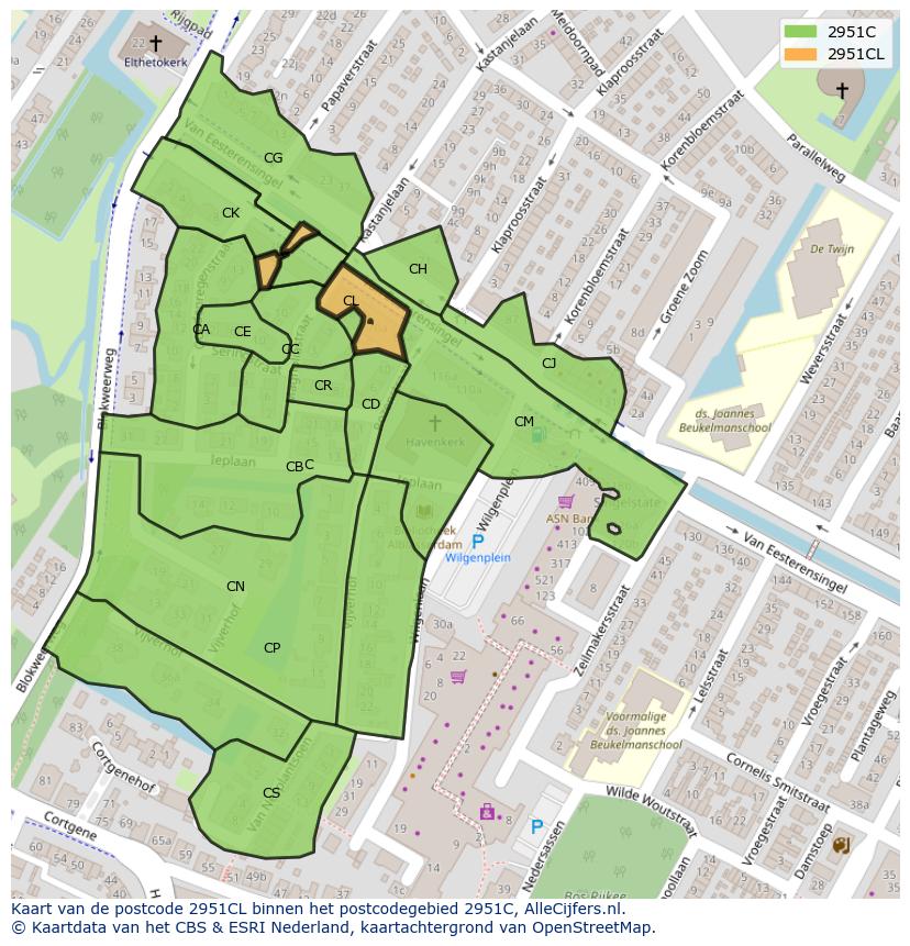 Afbeelding van het postcodegebied 2951 CL op de kaart.