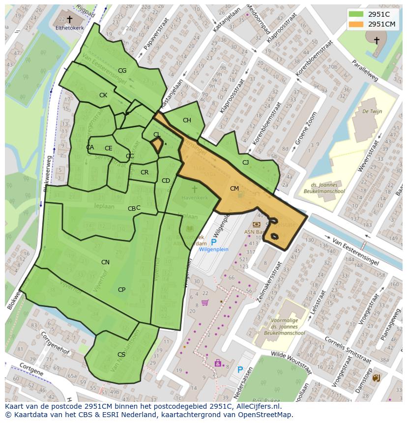 Afbeelding van het postcodegebied 2951 CM op de kaart.