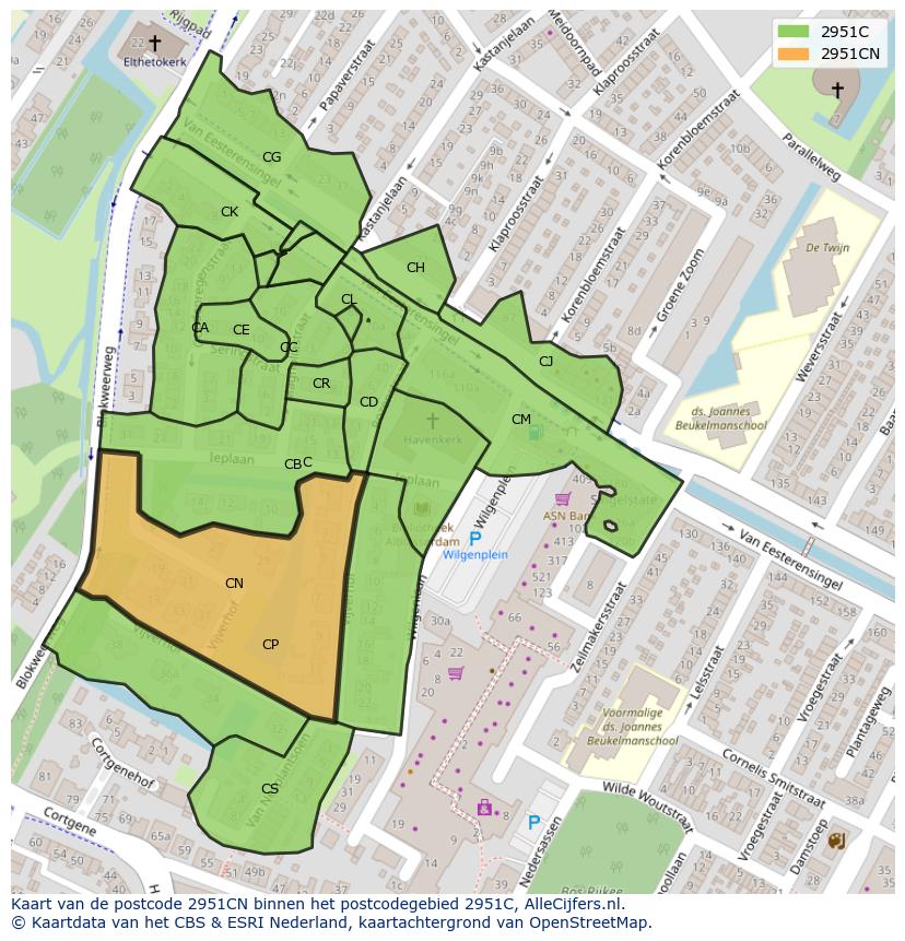 Afbeelding van het postcodegebied 2951 CN op de kaart.