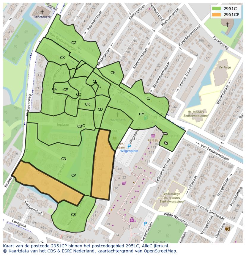 Afbeelding van het postcodegebied 2951 CP op de kaart.