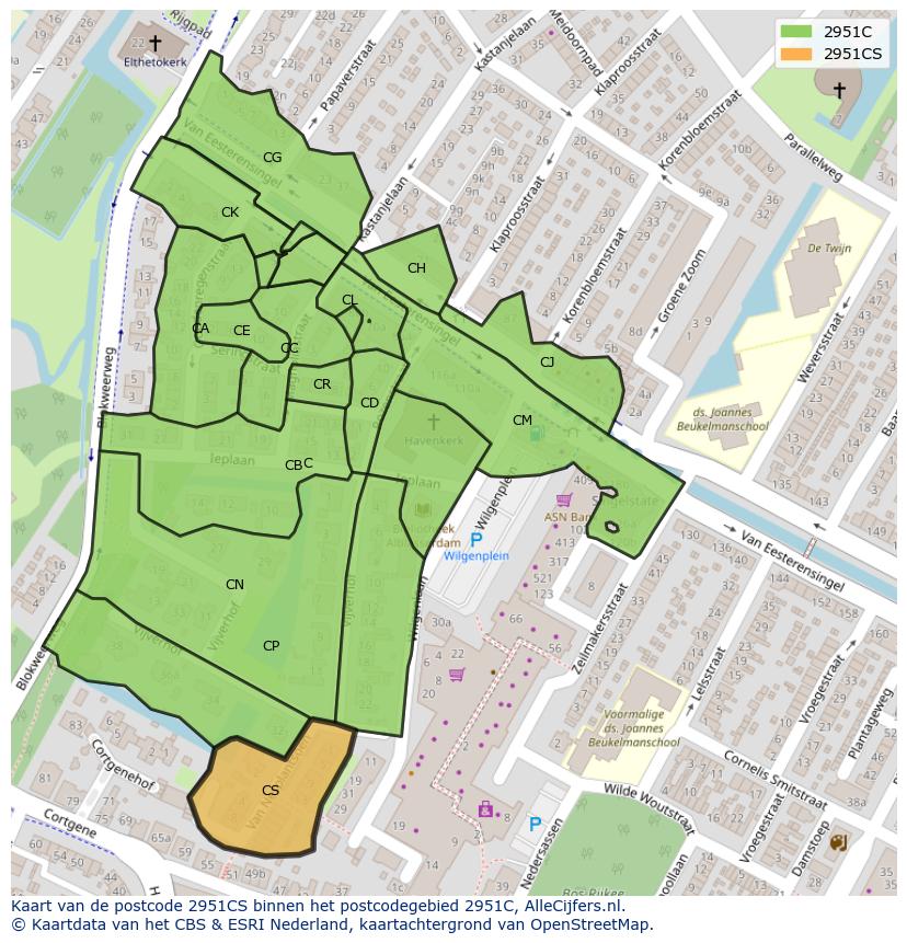 Afbeelding van het postcodegebied 2951 CS op de kaart.