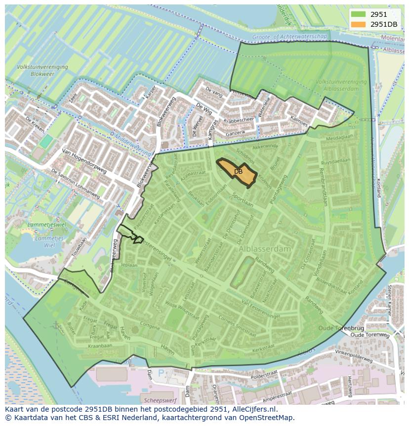 Afbeelding van het postcodegebied 2951 DB op de kaart.