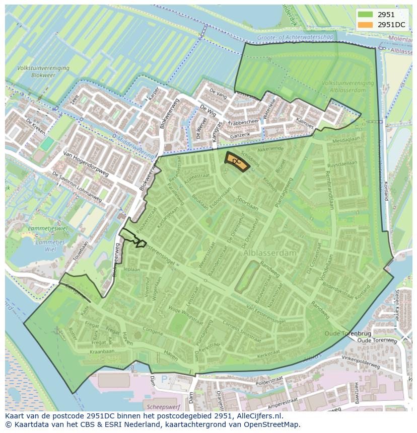 Afbeelding van het postcodegebied 2951 DC op de kaart.