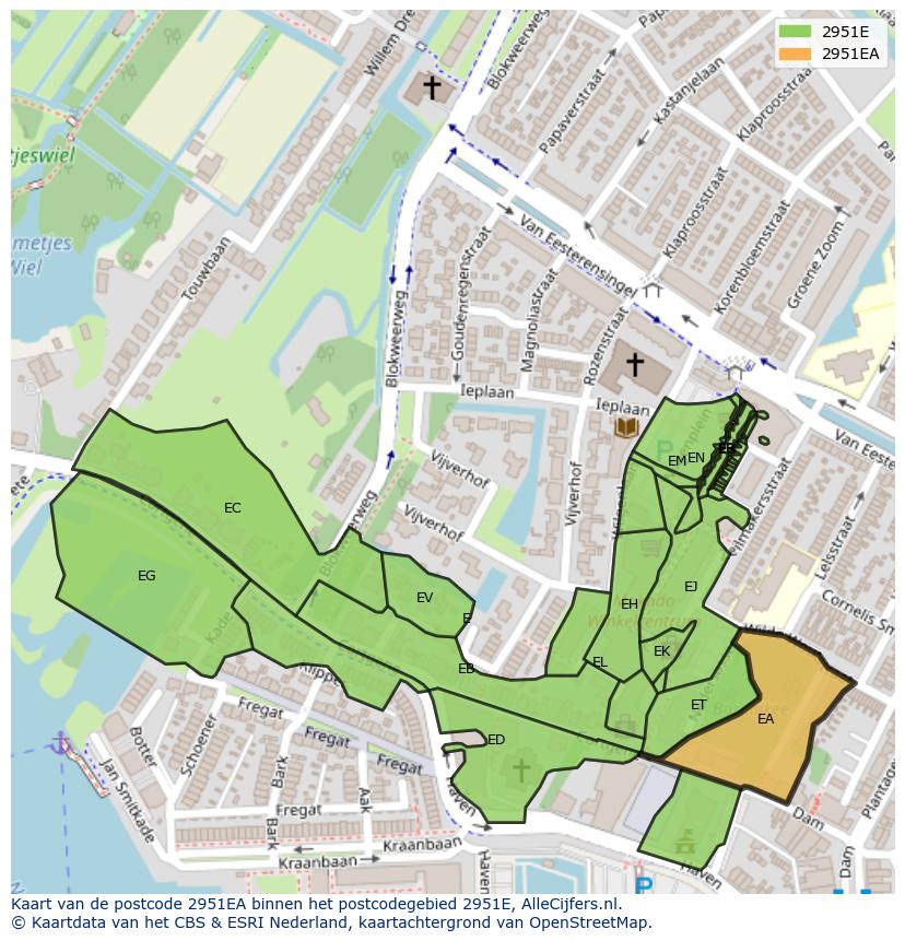 Afbeelding van het postcodegebied 2951 EA op de kaart.