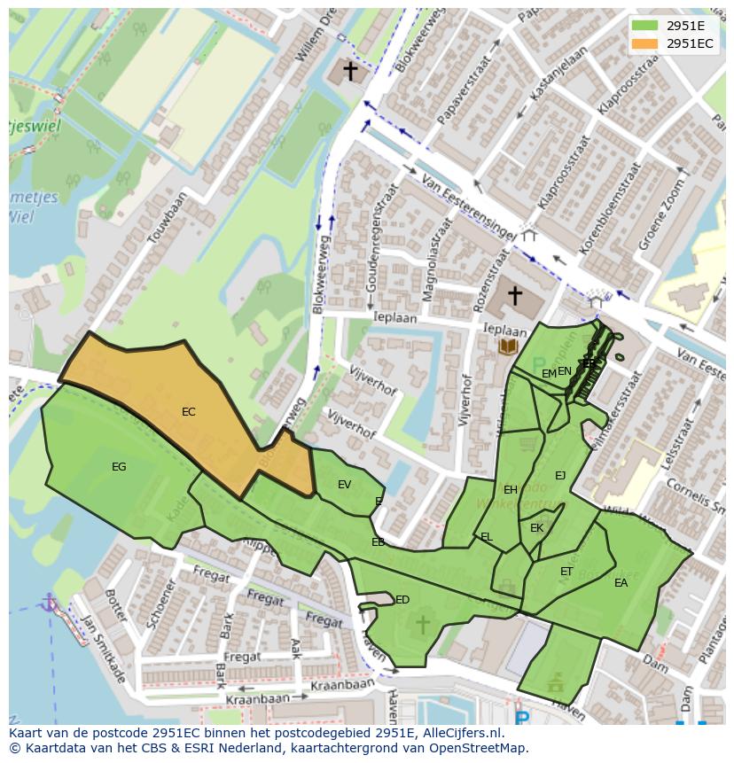 Afbeelding van het postcodegebied 2951 EC op de kaart.