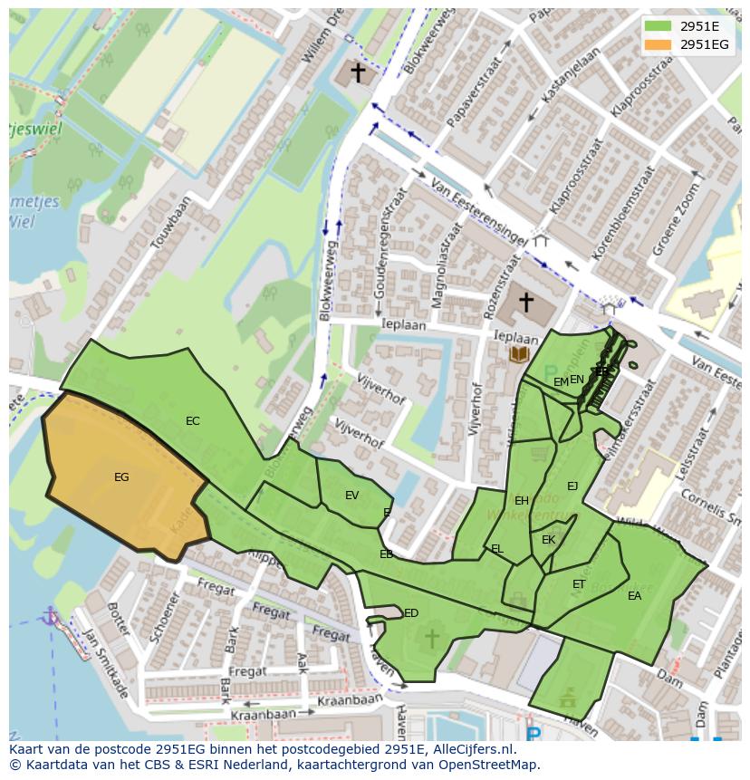 Afbeelding van het postcodegebied 2951 EG op de kaart.
