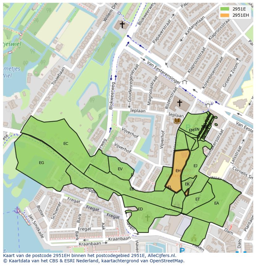 Afbeelding van het postcodegebied 2951 EH op de kaart.