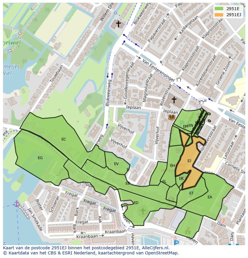 Afbeelding van het postcodegebied 2951 EJ op de kaart.
