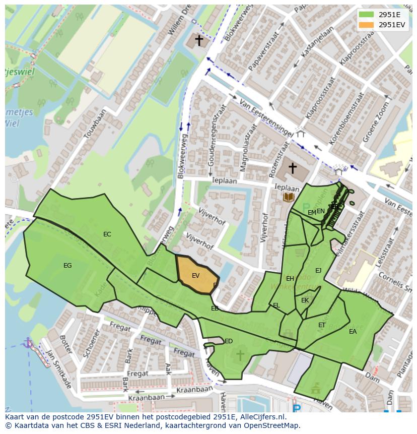 Afbeelding van het postcodegebied 2951 EV op de kaart.