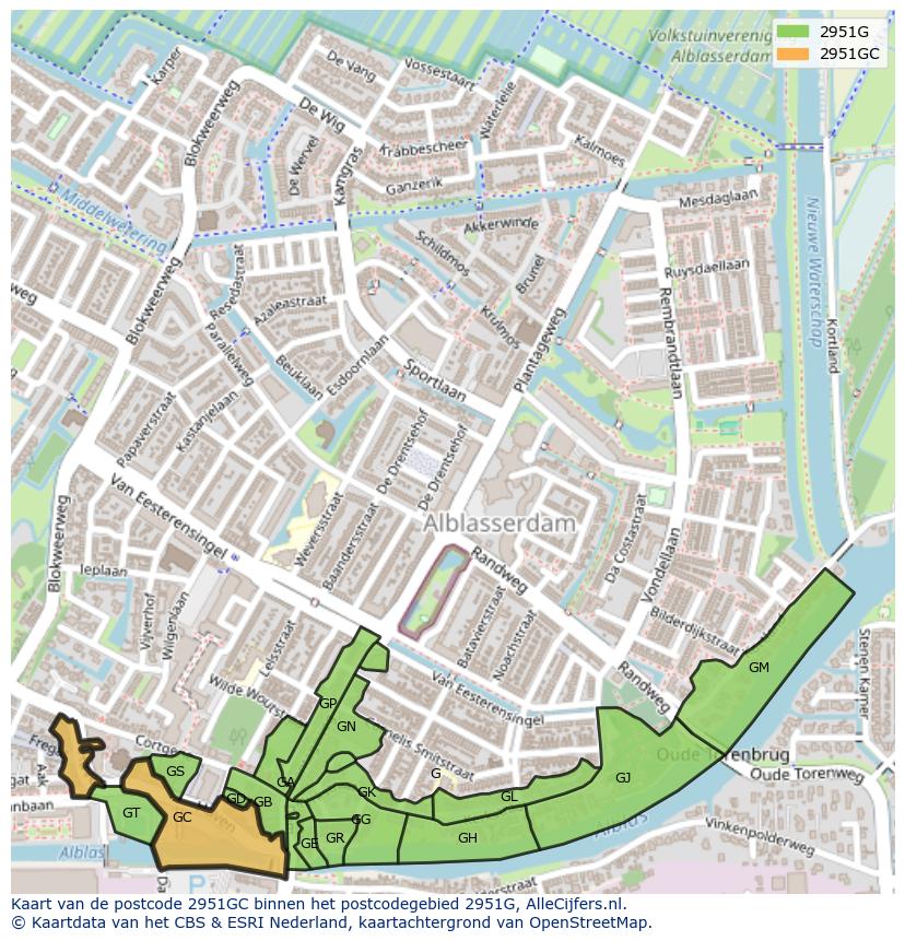 Afbeelding van het postcodegebied 2951 GC op de kaart.