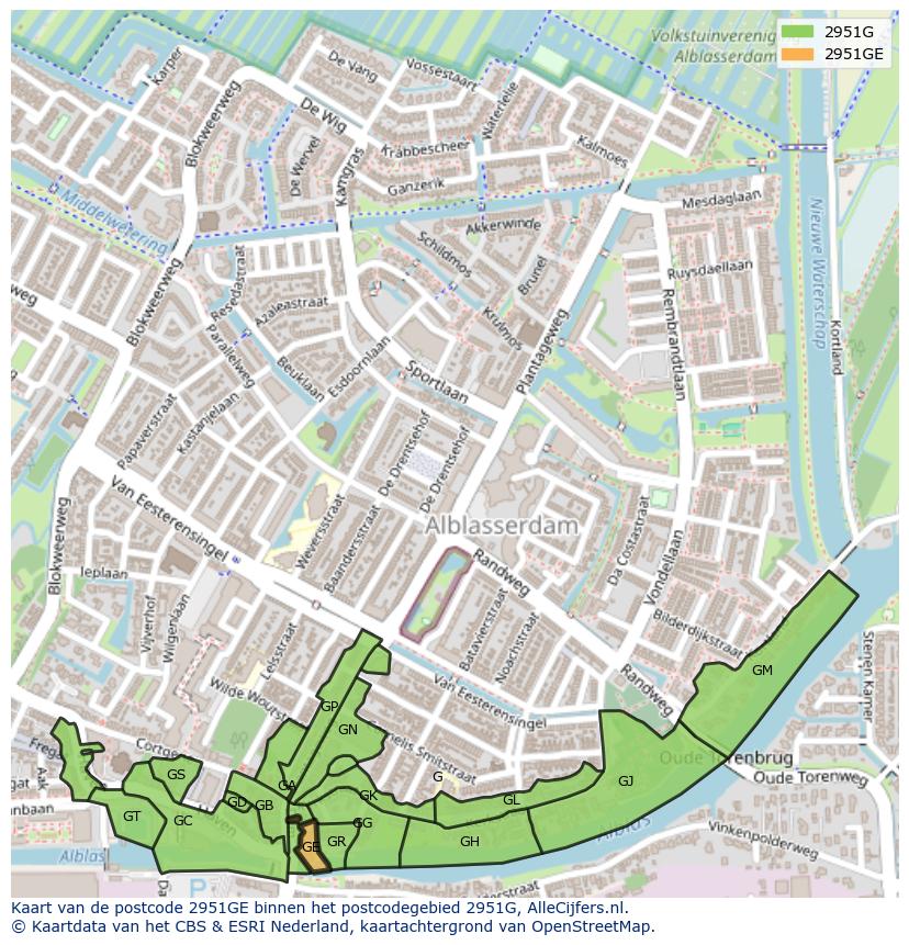 Afbeelding van het postcodegebied 2951 GE op de kaart.