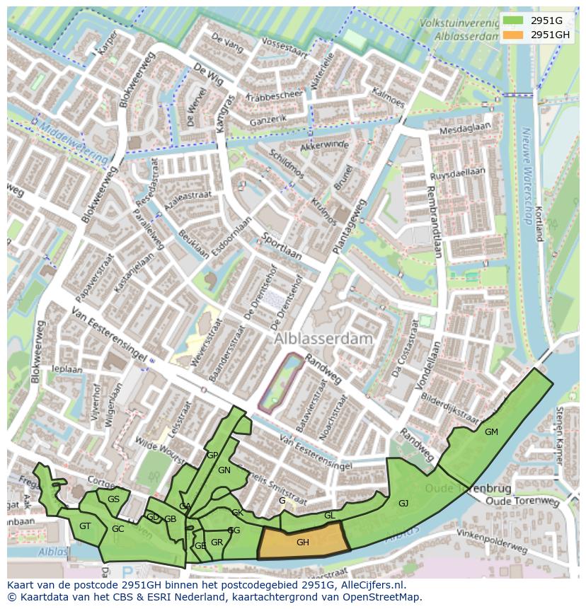 Afbeelding van het postcodegebied 2951 GH op de kaart.