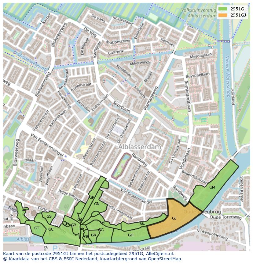 Afbeelding van het postcodegebied 2951 GJ op de kaart.