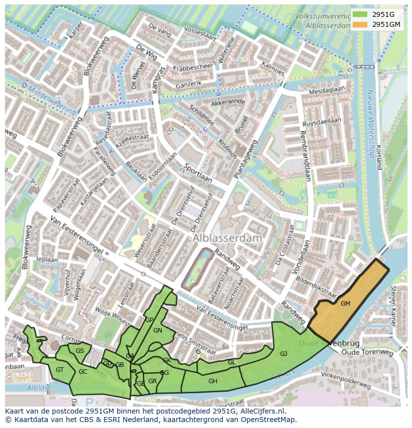 Afbeelding van het postcodegebied 2951 GM op de kaart.