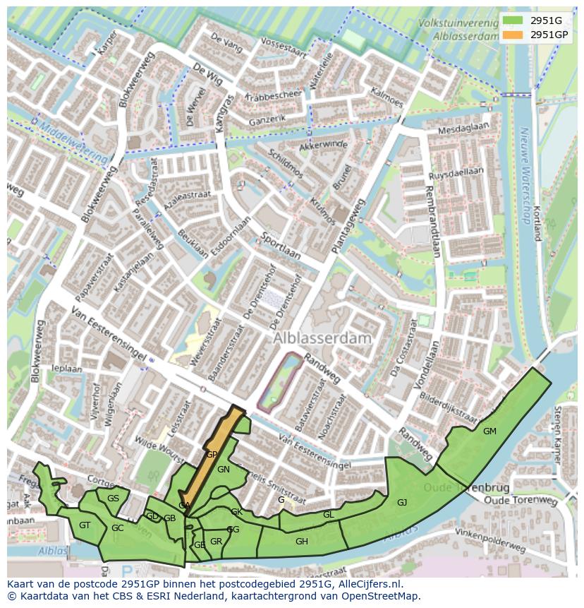 Afbeelding van het postcodegebied 2951 GP op de kaart.