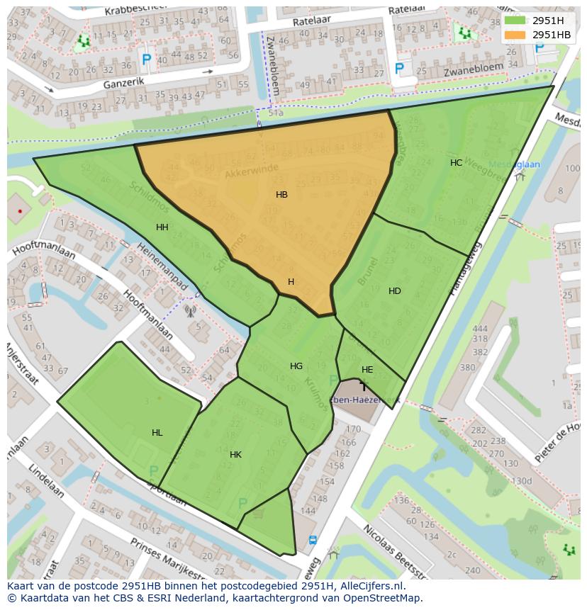 Afbeelding van het postcodegebied 2951 HB op de kaart.