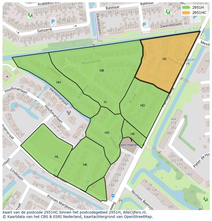 Afbeelding van het postcodegebied 2951 HC op de kaart.