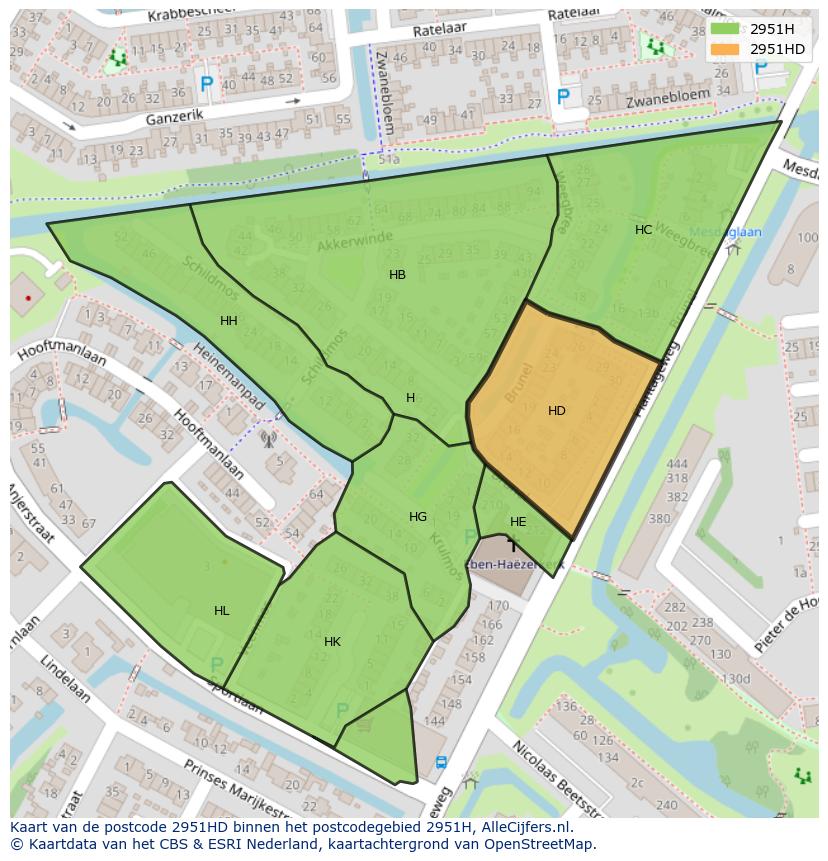 Afbeelding van het postcodegebied 2951 HD op de kaart.