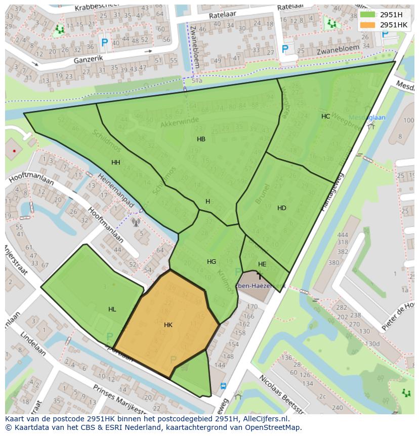Afbeelding van het postcodegebied 2951 HK op de kaart.