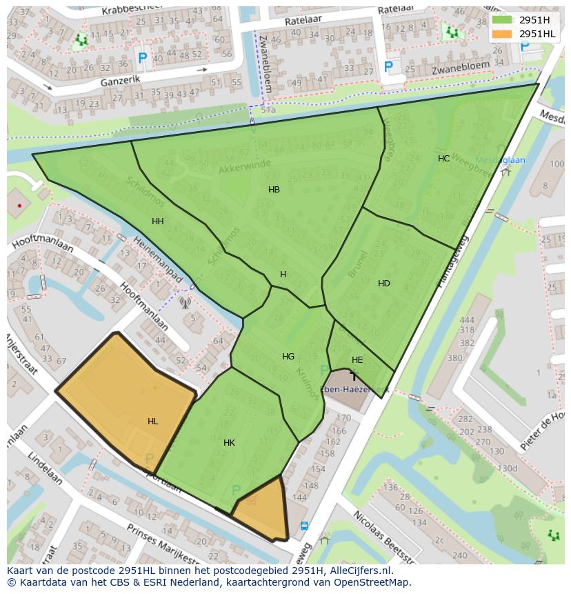 Afbeelding van het postcodegebied 2951 HL op de kaart.