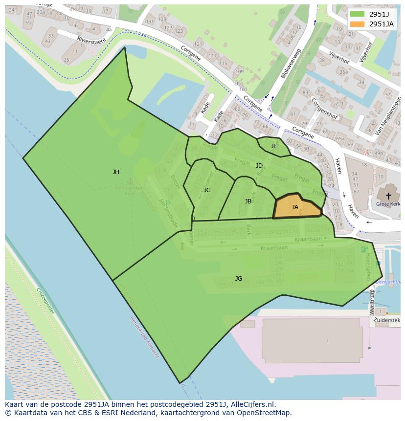 Afbeelding van het postcodegebied 2951 JA op de kaart.