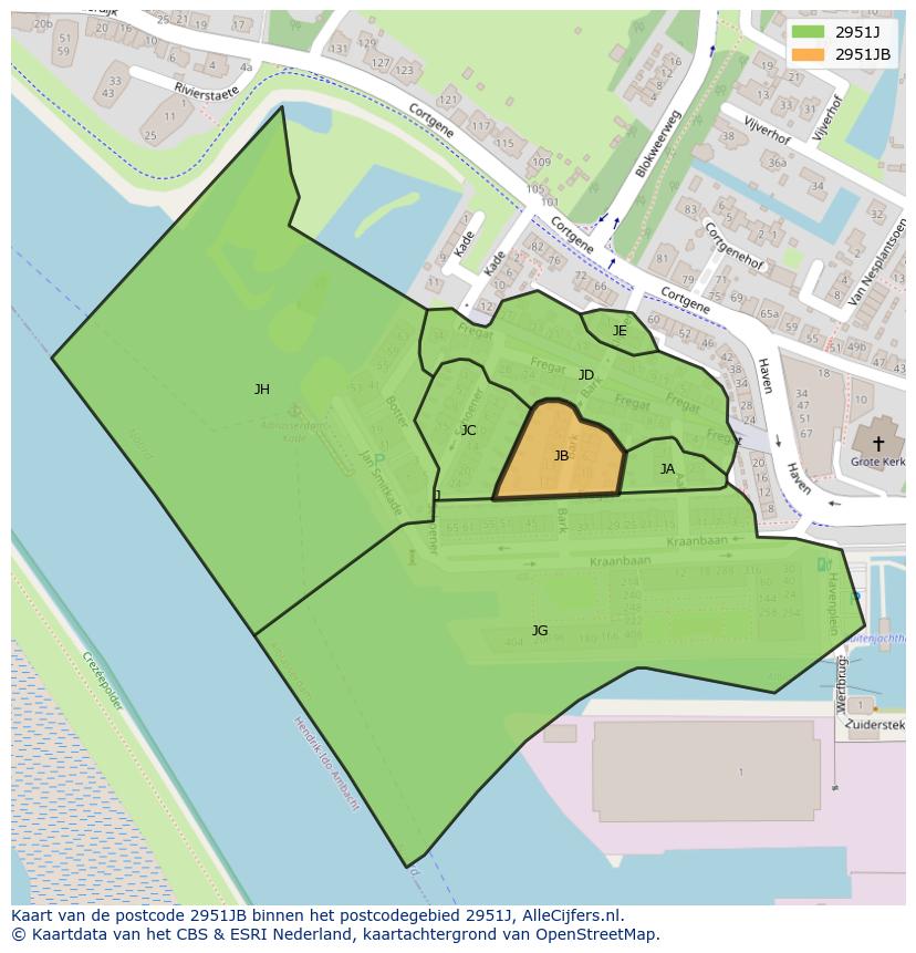 Afbeelding van het postcodegebied 2951 JB op de kaart.