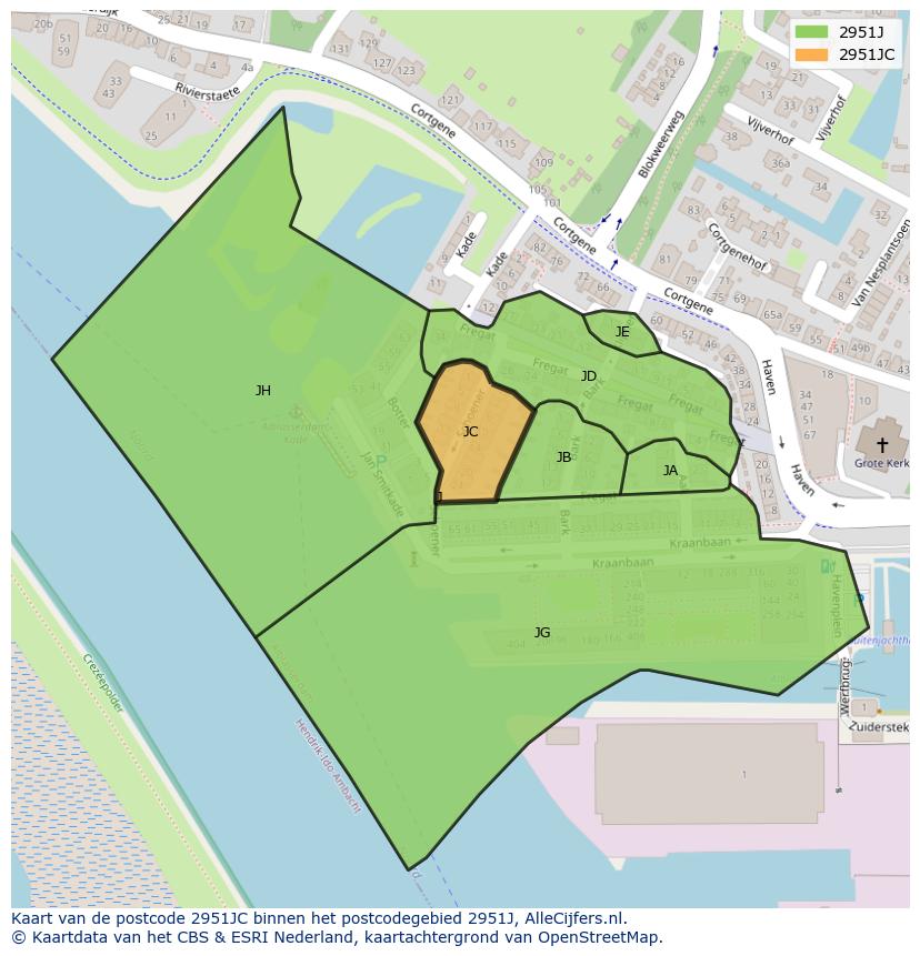 Afbeelding van het postcodegebied 2951 JC op de kaart.