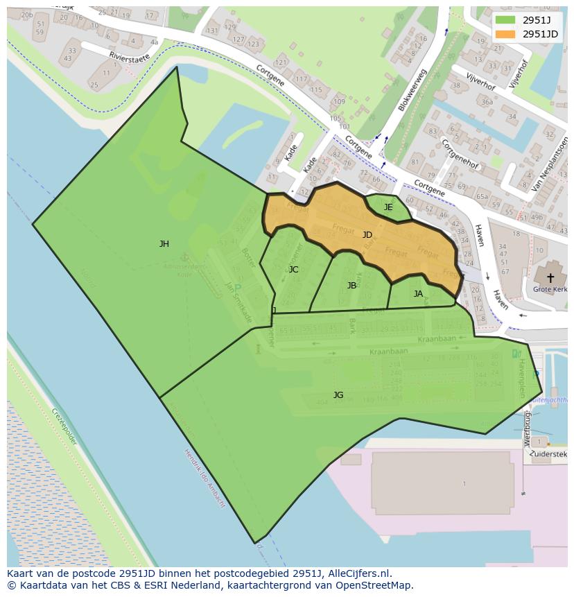 Afbeelding van het postcodegebied 2951 JD op de kaart.
