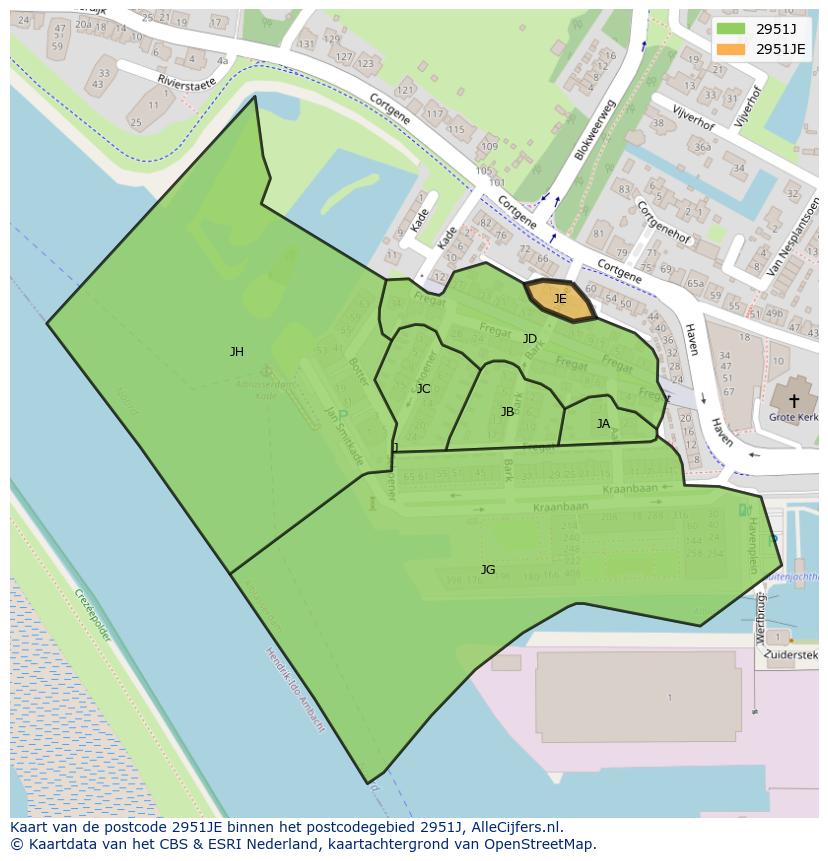 Afbeelding van het postcodegebied 2951 JE op de kaart.