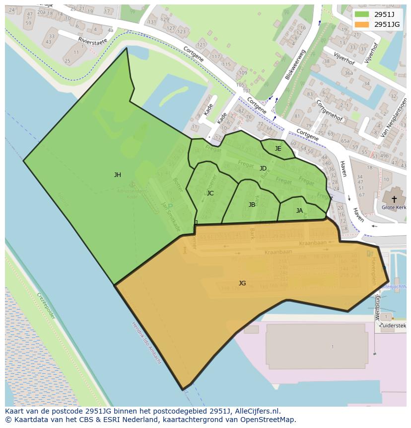 Afbeelding van het postcodegebied 2951 JG op de kaart.