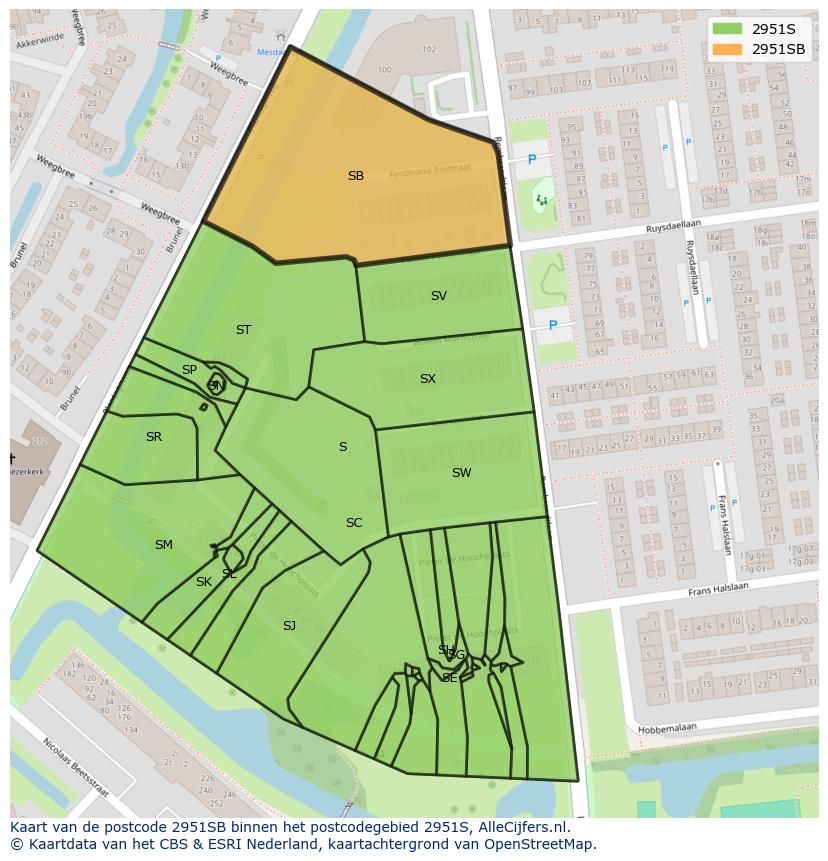 Afbeelding van het postcodegebied 2951 SB op de kaart.